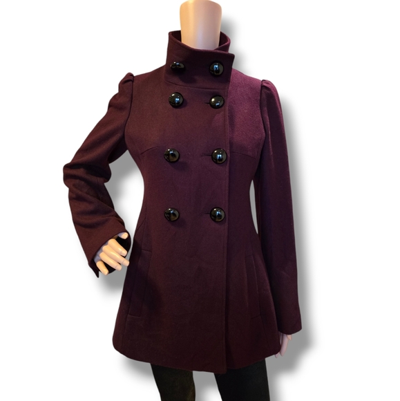 M. JULIAN Women's Wined Red Wool Blend Double Breasted Pea Coat - Picture 10 of 16